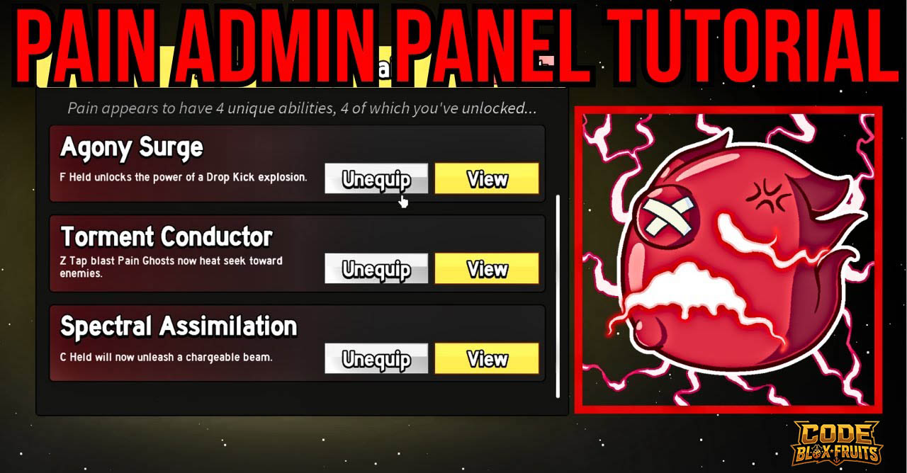 Admin Panel hiển thị các nâng cấp của trái Pain trong Blox Fruits