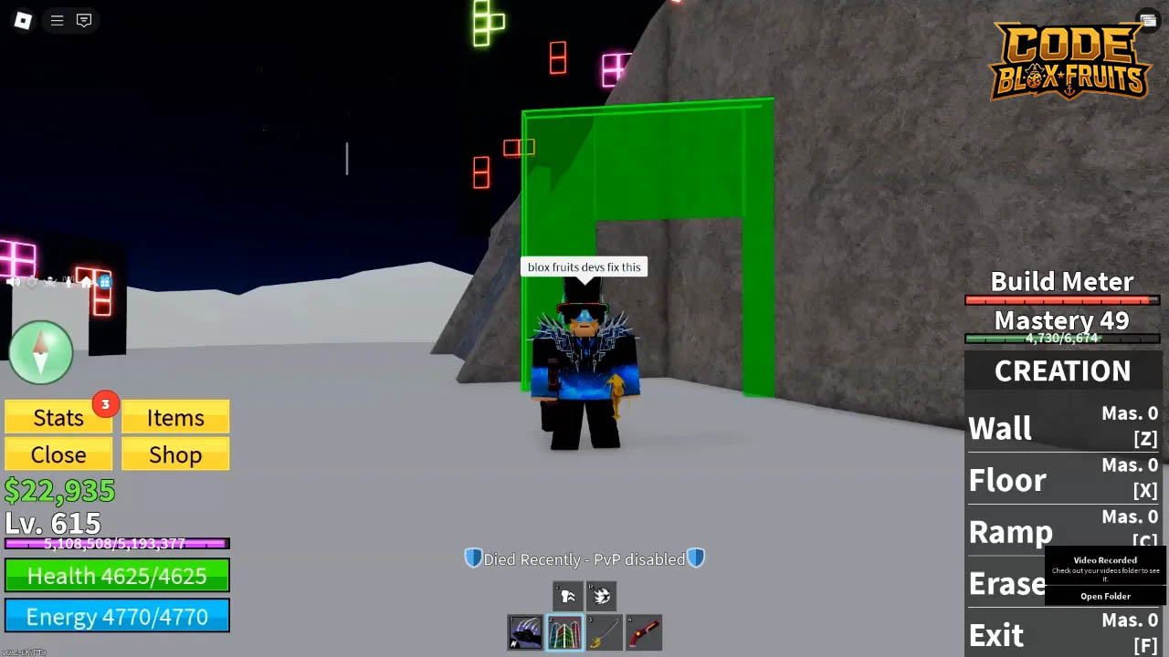 Build Mode của Creation hiển thị Wall, Floor, Ramp và Erase