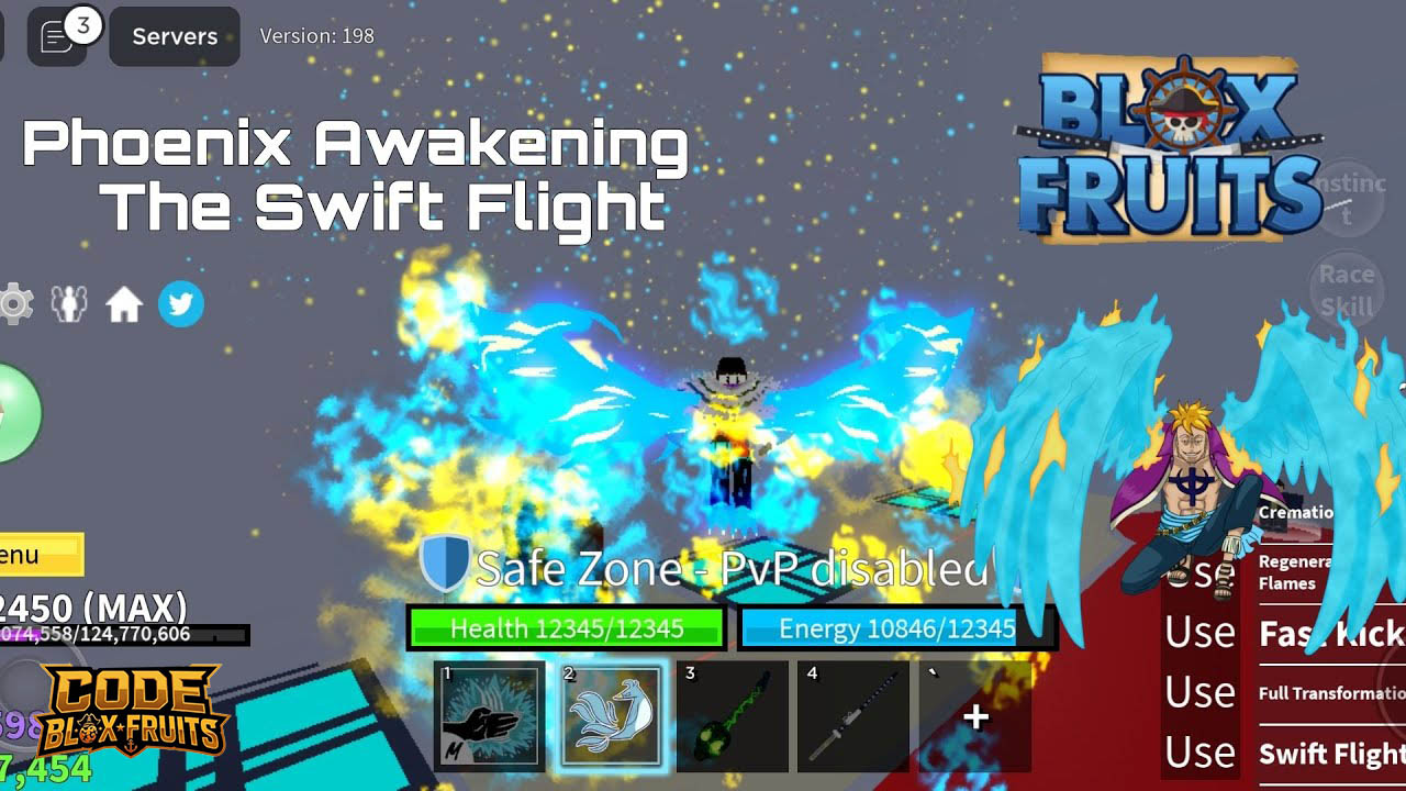 Awakened Phoenix sử dụng kỹ năng khi đang Swift Flight trong Blox Fruits