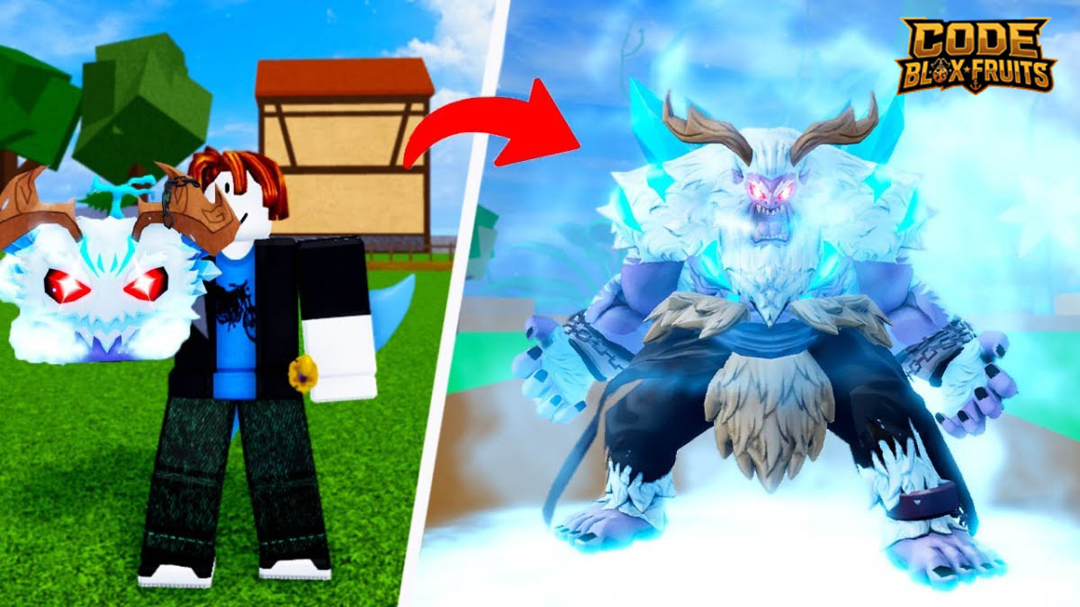 Nhân vật trước và sau khi dùng Yeti Transformation trong Blox Fruits