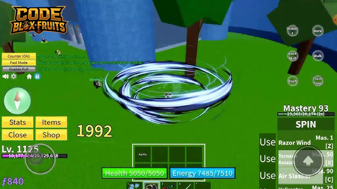 Giao diện kỹ năng Trái Spin và yêu cầu Mastery trong Blox Fruits