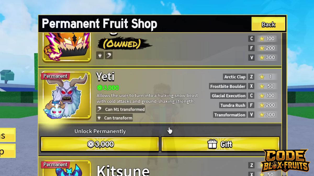 Giao diện kỹ năng Yeti trong Blox Fruits cùng yêu cầu Mastery