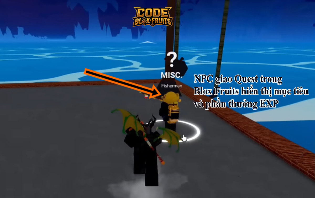 NPC giao Quest trong Blox Fruits hiển thị mục tiêu và phần thưởng EXP