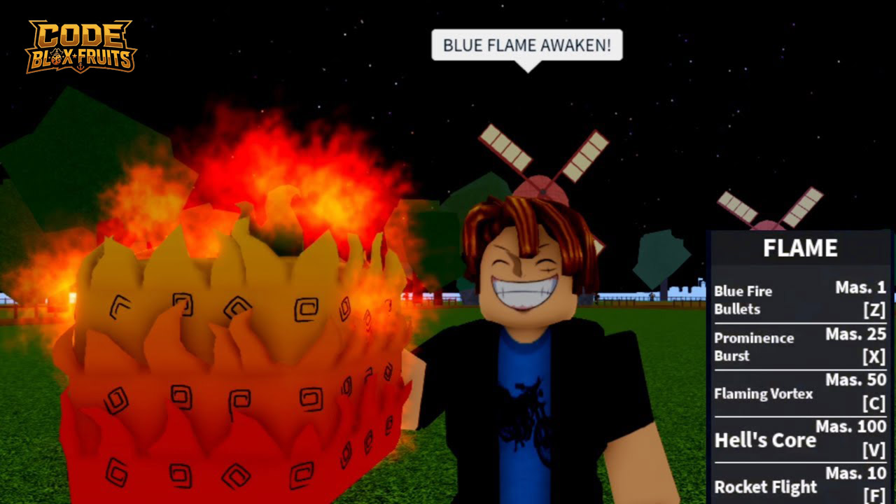 Giao diện kỹ năng Flame thường và yêu cầu Mastery trong Blox Fruits